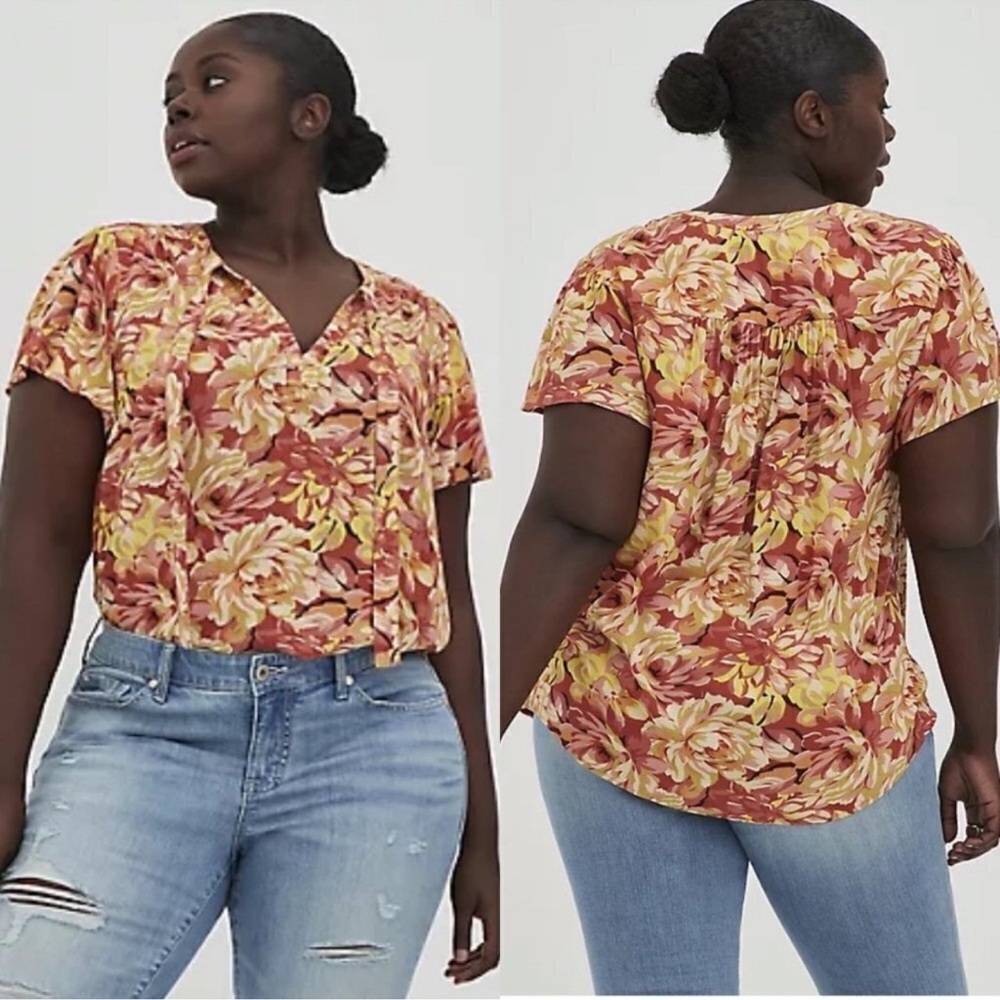 Torrid‎ Ester Blouse 2 Rayon Crepe Tie Flutter Sleeve Peasant Top Orange Floral